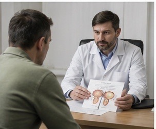 Doctor explaining urinary and prostate symptoms to a male patient
