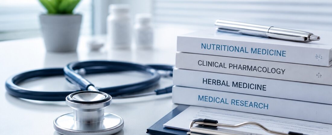 Medical books, stethoscope, and clipboard arranged on a clean clinical desk