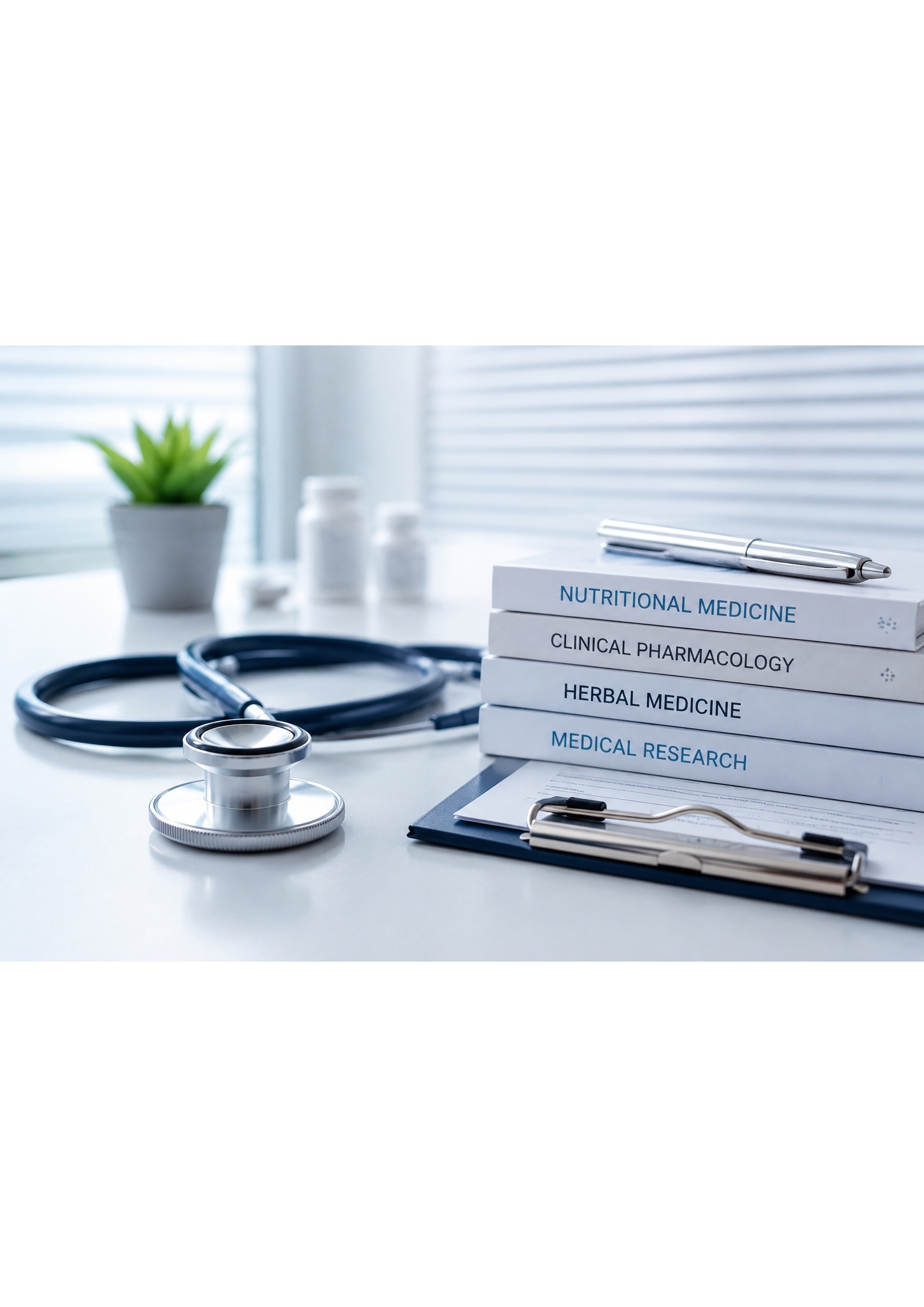 Medical books, stethoscope, and clipboard arranged on a clean clinical desk