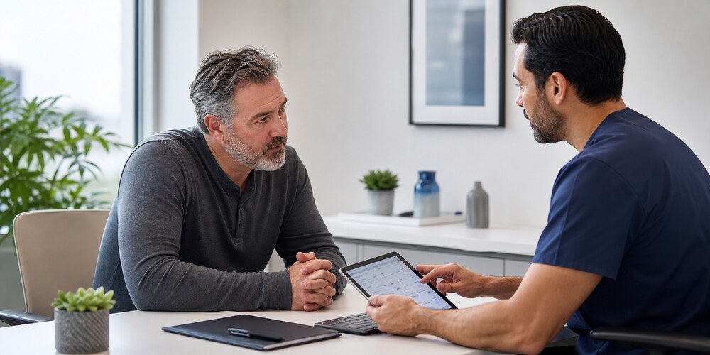 Man discussing testosterone test results with a healthcare professional