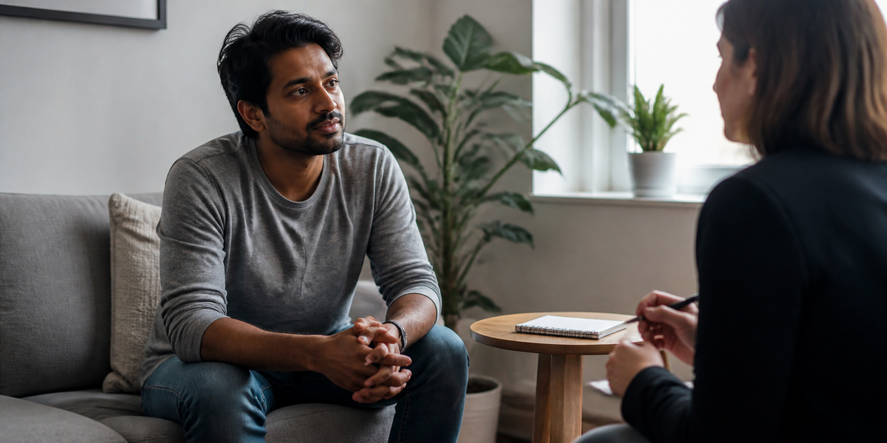 Adult man speaking with a therapist about ADHD support