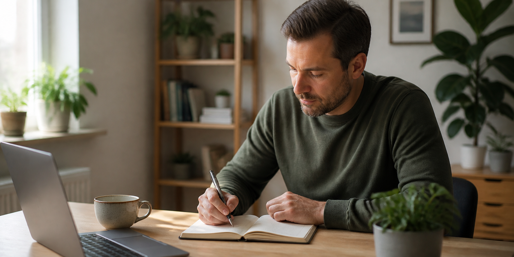 Adult man noting attention and anxiety symptoms at home