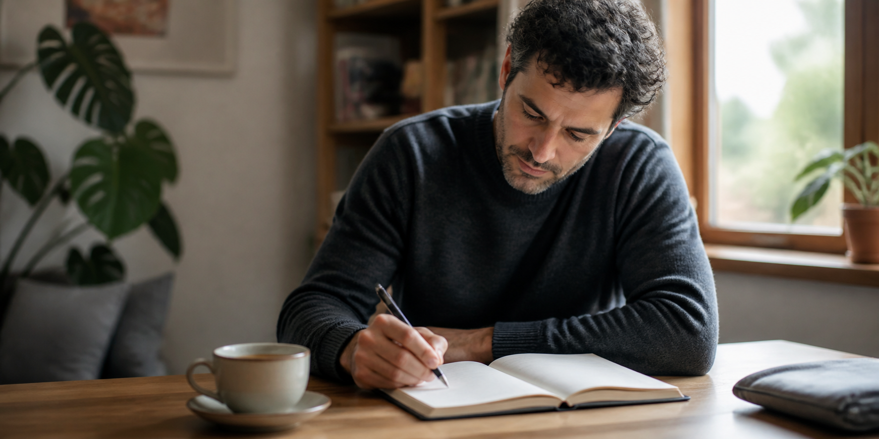 Adult man recording mood and attention concerns in a notebook