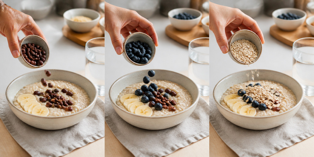 Adding beans, berries and oats gradually to a breakfast bowl