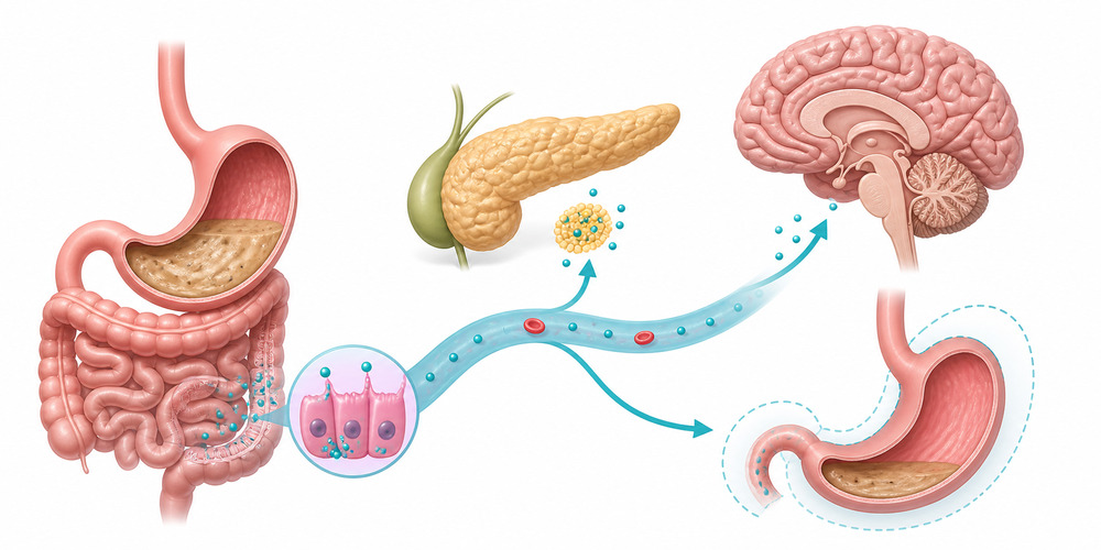Illustration of GLP-1 signaling between the gut, pancreas, stomach and brain