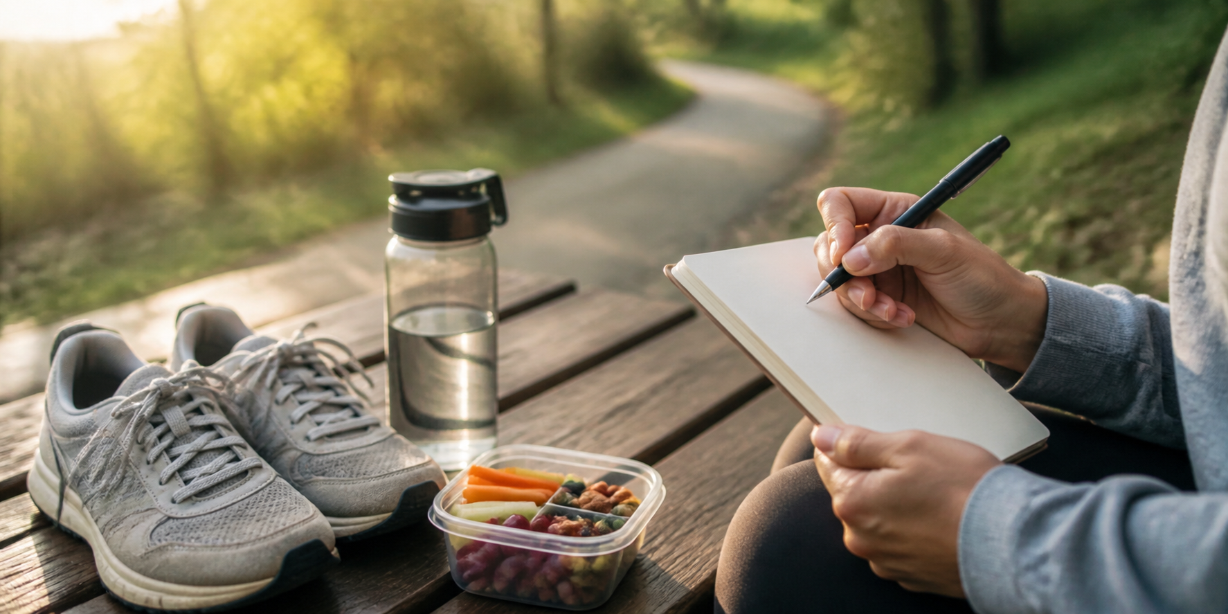 Walking shoes, water, and a healthy snack for sustainable weight management