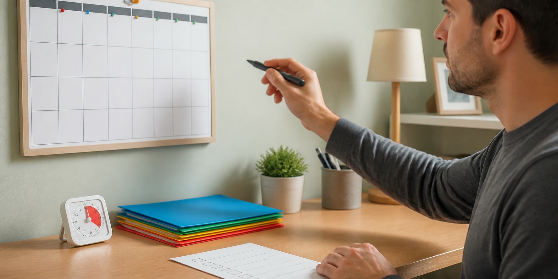 Calendar, timer, folders, and checklist for organization