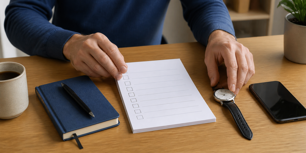 Adult man's hands organizing a checklist and notebook