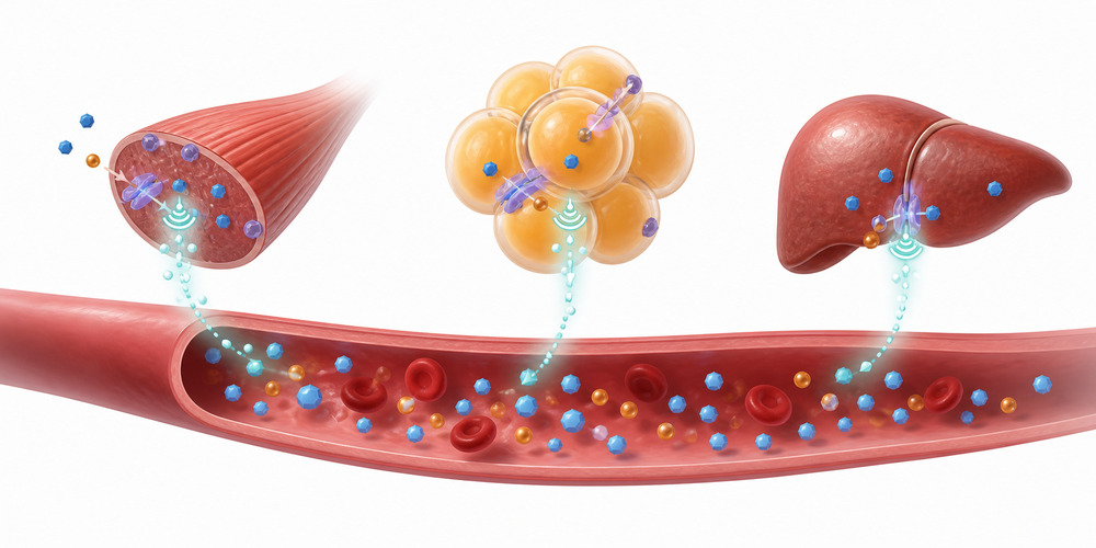 Illustration of reduced insulin response in muscle, fat and liver tissue