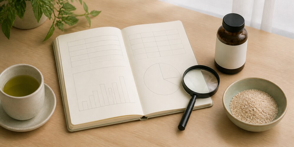 Notebook and magnifying glass used to assess supplement evidence
