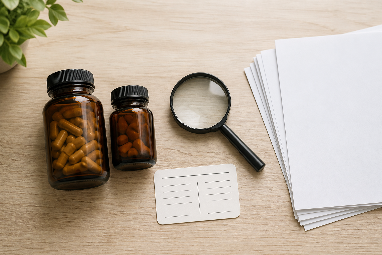 Unbranded supplement bottles, magnifying glass, and label comparison card